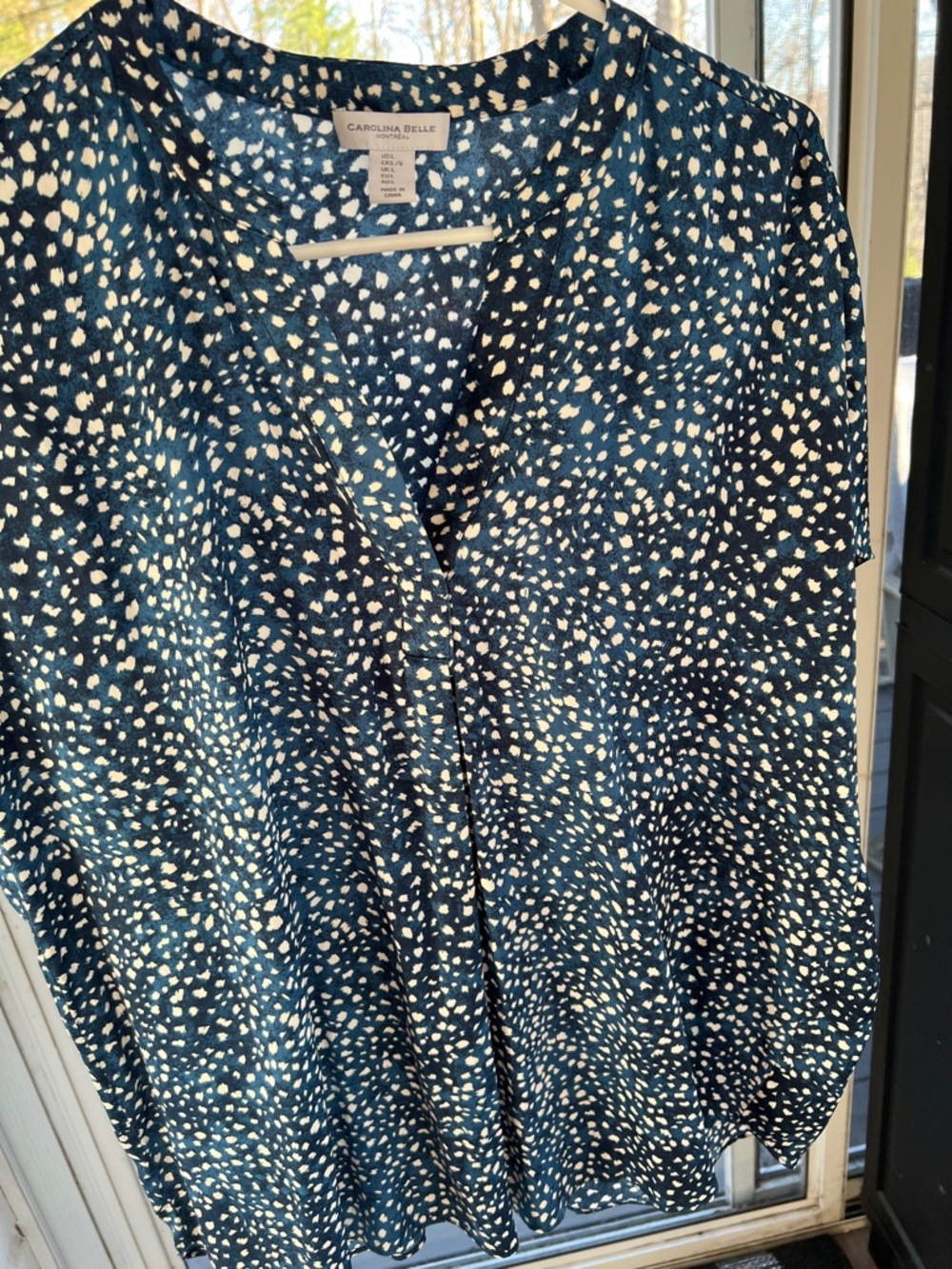 Carolina Belle Navy and White Dot-Print V-Neck Blouse